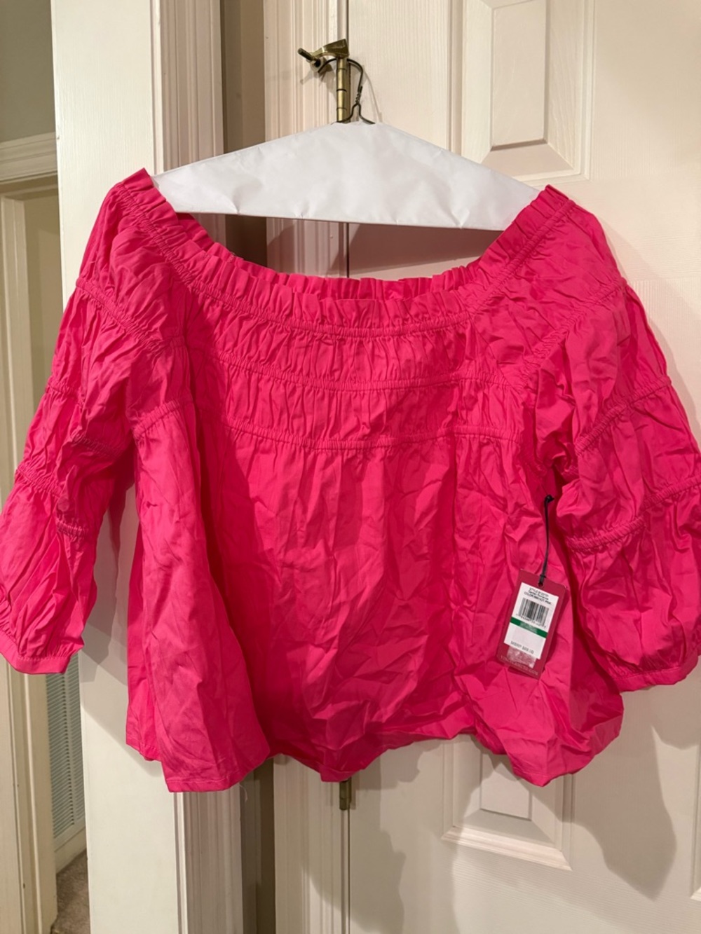 NWT Vince Camuto Hot Pink Off-Shoulder Peasant Puff Sleeve Top Large Blouse XL